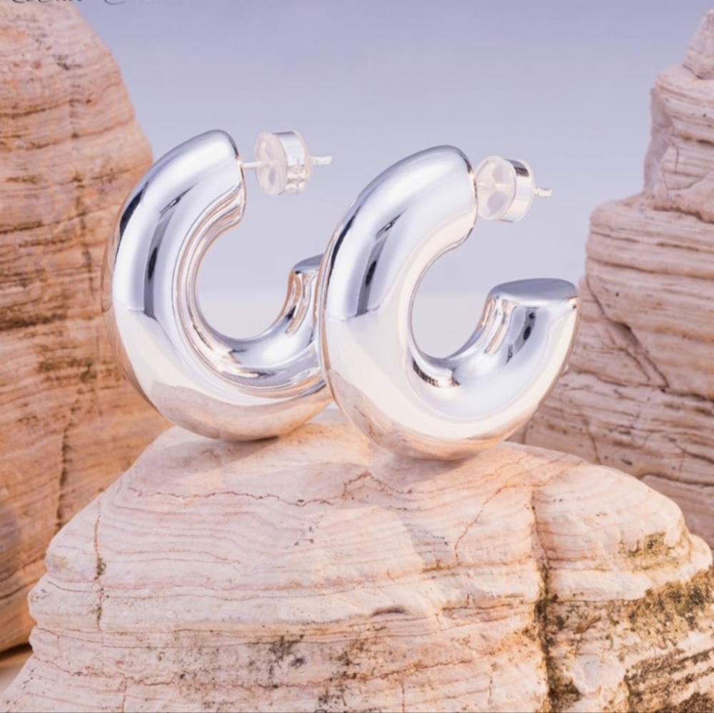 Milan Stainless Steel Chunky Sleek Hoop Earrings Gold-Plated Silver Post - Picture 3 of 10